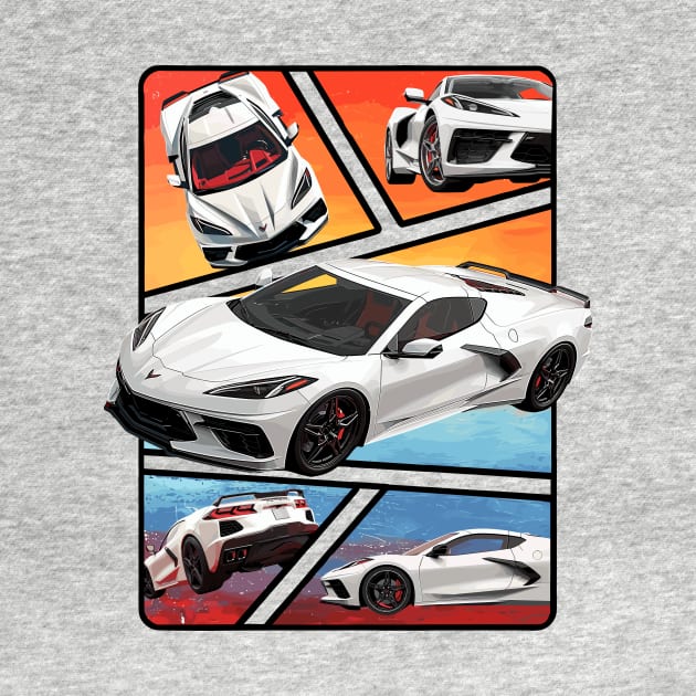 Multiple Angles of the Arctic White C8 Corvette Presented In A Bold Vibrant Panel Art Display Supercar Sports Car Racecar Torch Arctic White Corvette C8 by Tees 4 Thee